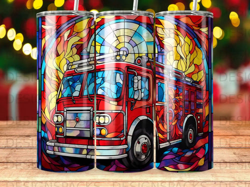 Red stained glass firefighter truck with colorful stained glass background.