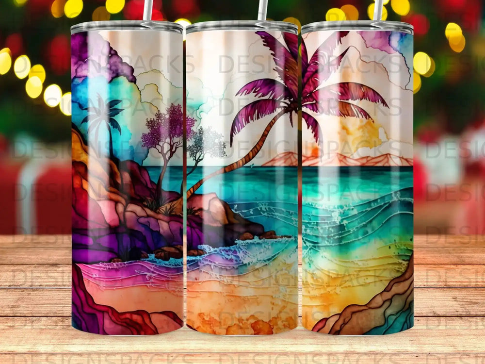 Tumbler design with vibrant tropical beach scene and palm tree.
