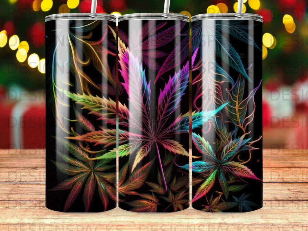 Abstract, colorful cannabis leaves pattern on a black background.