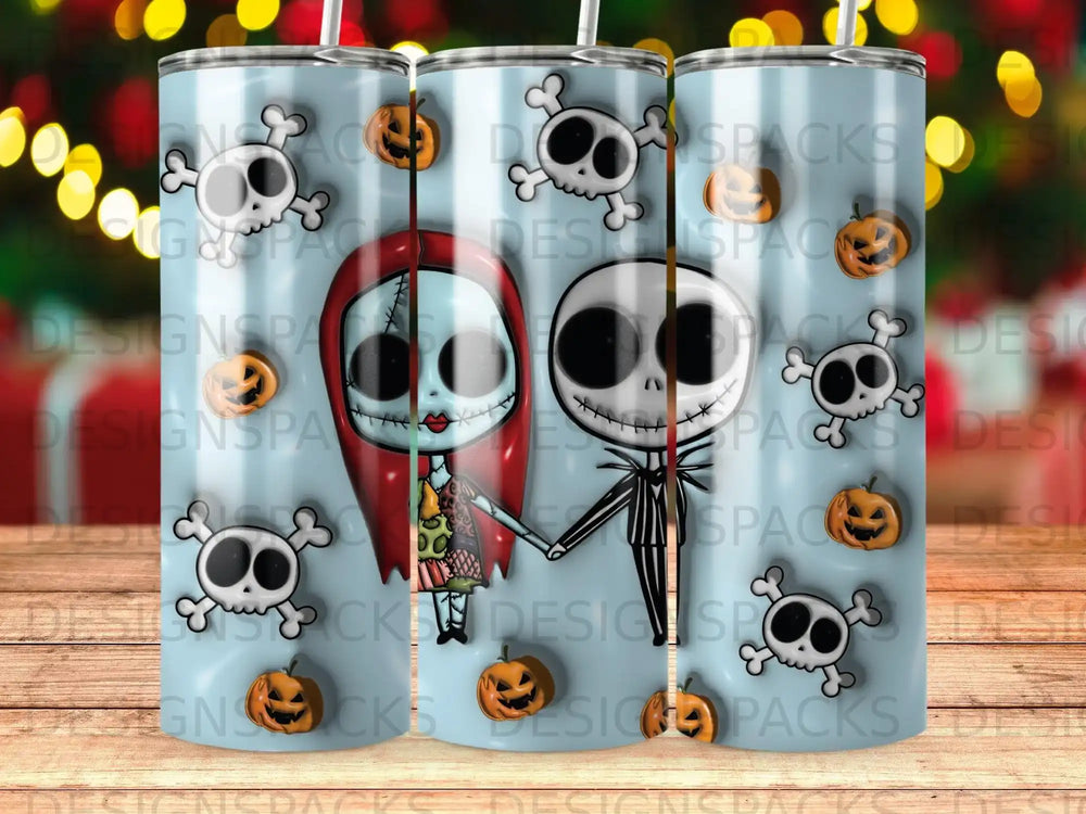 Jack Skellington and Sally holding hands with Halloween pumpkins and skulls on blue tumblers.