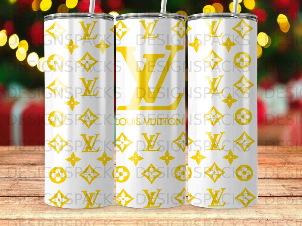 White tumbler with Louis Vuitton monogram pattern and logo.