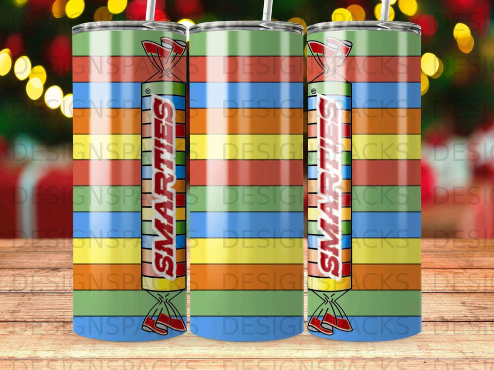 Three tumblers with Smarties candy wrappers and colorful striped design.