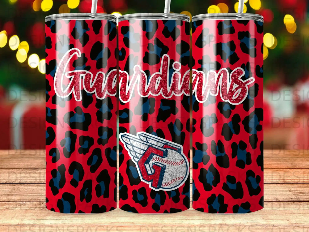 Guardians tumbler with blue and red leopard print and team logo.
