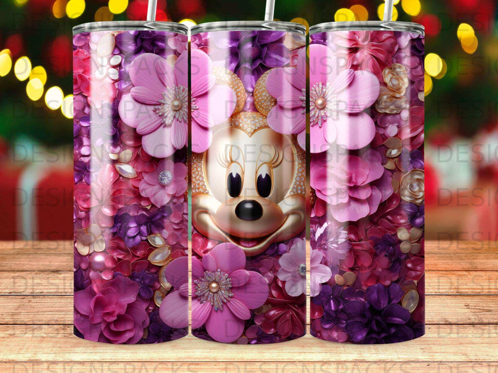 Minnie Mouse face surrounded by colorful pink and purple floral patterns.
