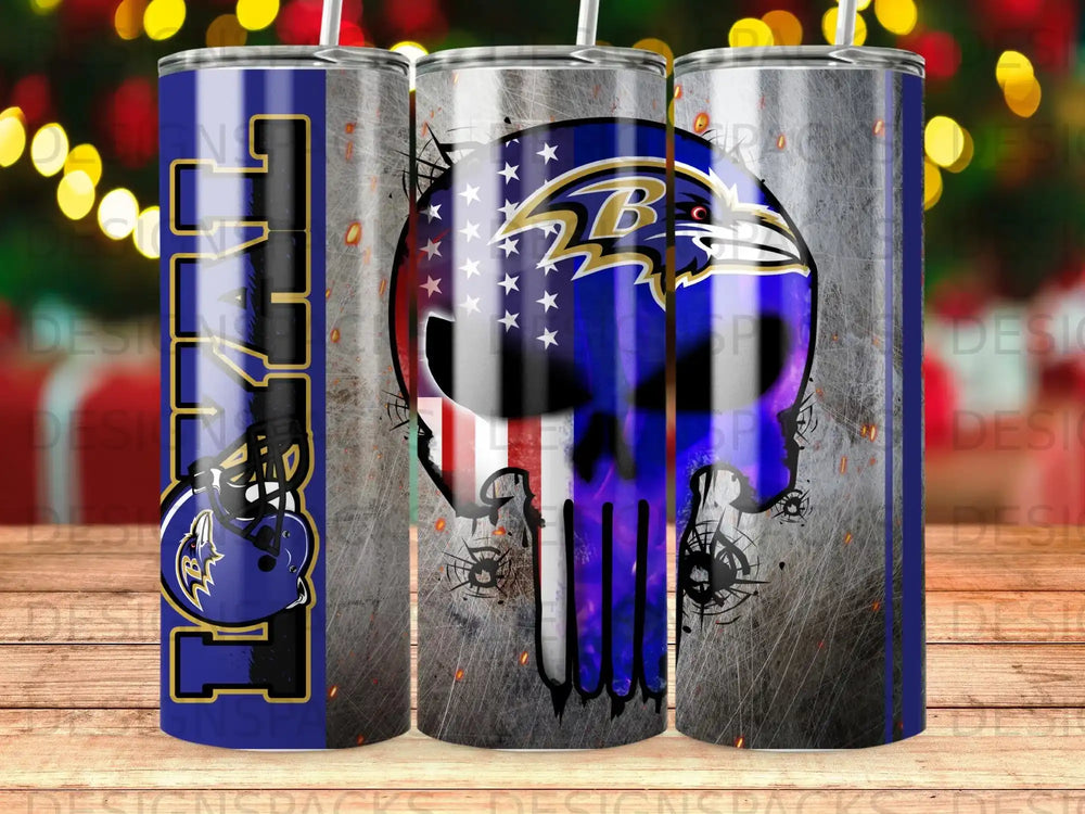 Baltimore Ravens skull with American flag and football helmet.