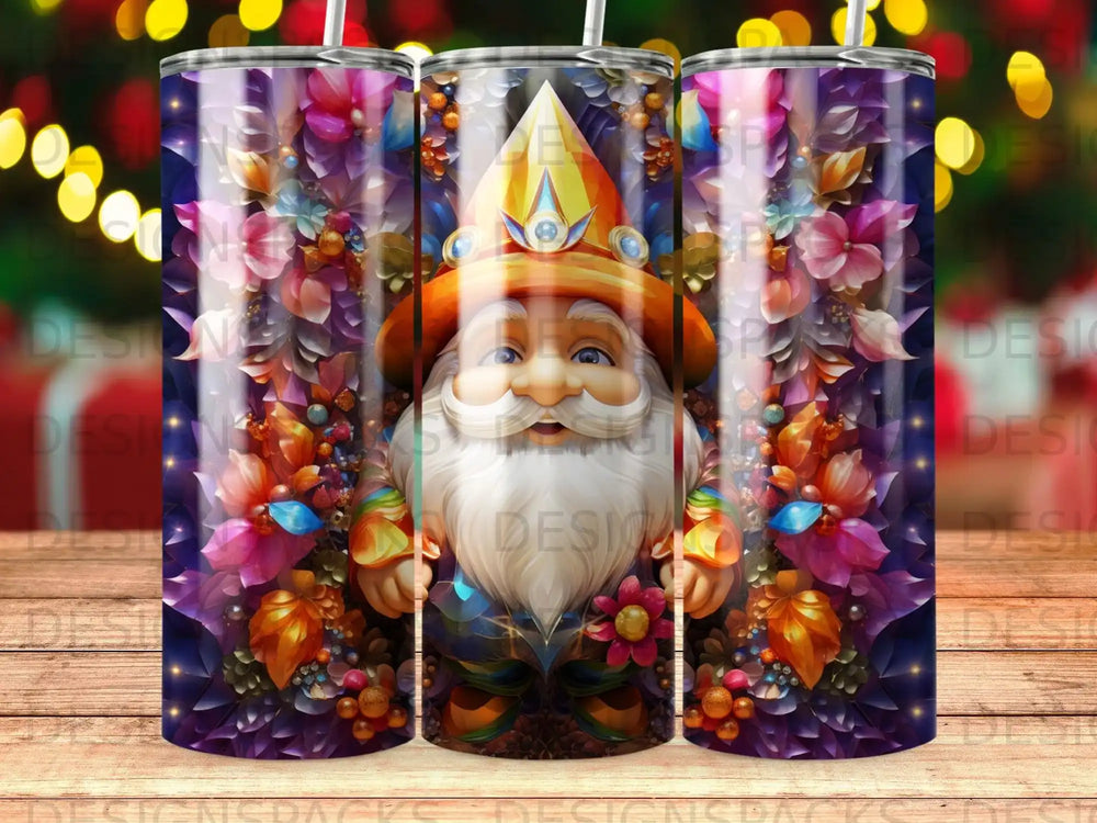 Gnome wearing orange hat and colorful floral background with bokeh lights.
