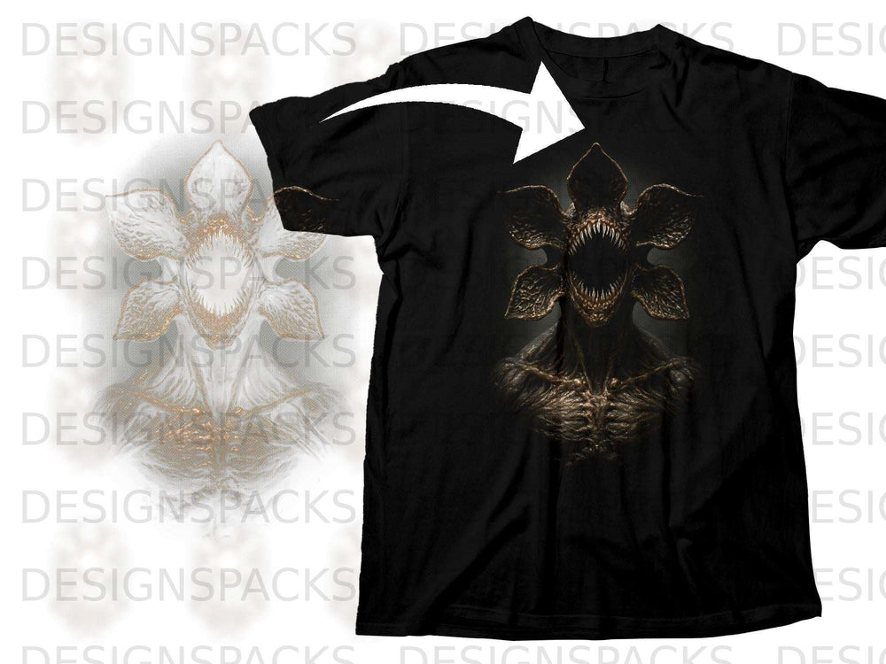 Black t-shirt featuring a dark, monstrous creature with sharp teeth.