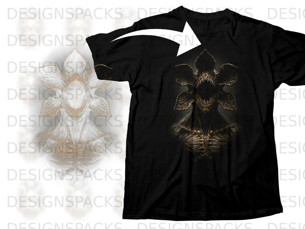 Black t-shirt featuring a dark, monstrous creature with sharp teeth.