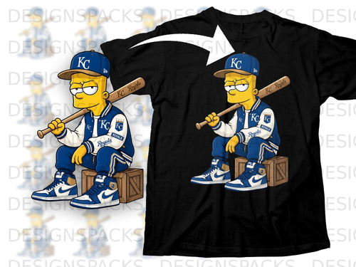 Bart Simpson wearing Royals jacket and hat, holding baseball bat, sitting on crate.