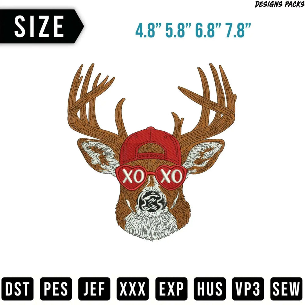 Deer head wearing sunglasses and a baseball cap with XOXO.