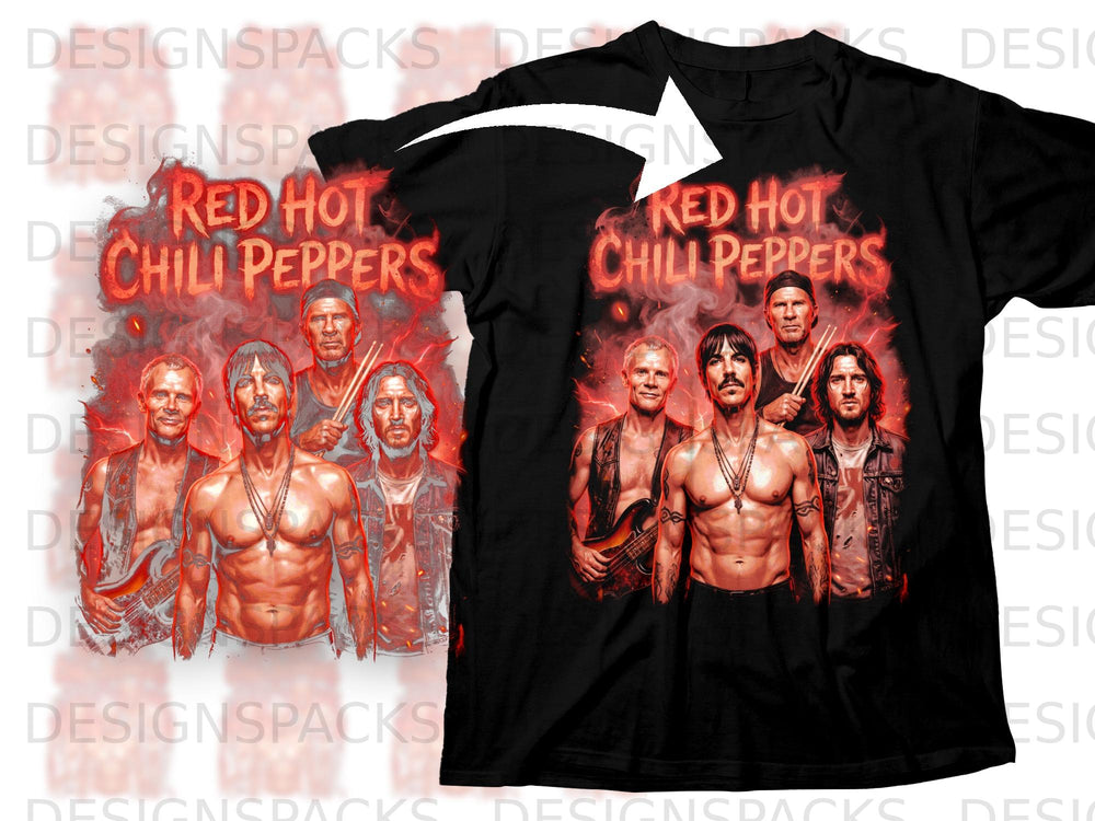 Black t-shirt with Red Hot Chili Peppers band graphic and members.