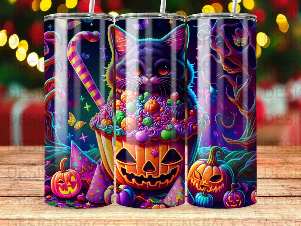 Black cat peeking from jack-o'-lantern filled with colorful candies.