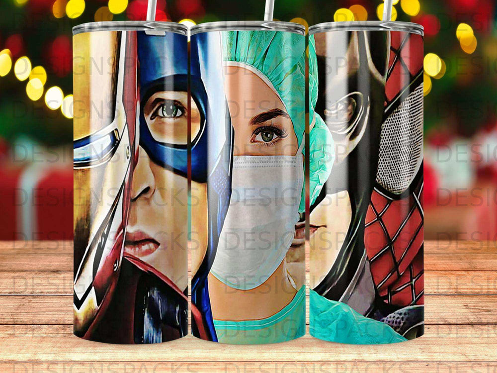 Collage of superhero faces and a medical professional on tumblers.