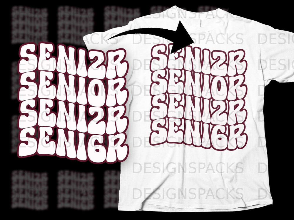 White t-shirt with maroon "SENIOR" text in a wavy, stacked font.