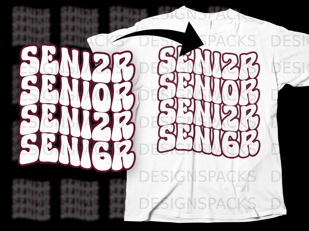 White t-shirt with maroon "SENIOR" text in a wavy, stacked font.
