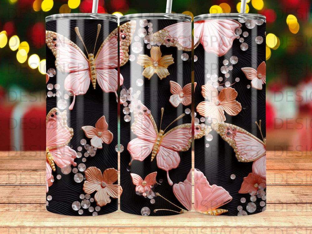 Pink butterflies and floral accents on a black textured background.