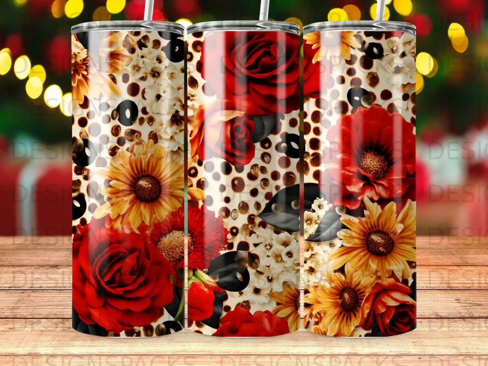 Tumbler with red roses, sunflowers, and leopard print pattern.