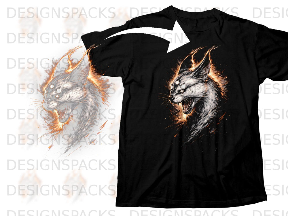 Black t-shirt with a roaring white wolf graphic with fiery accents.