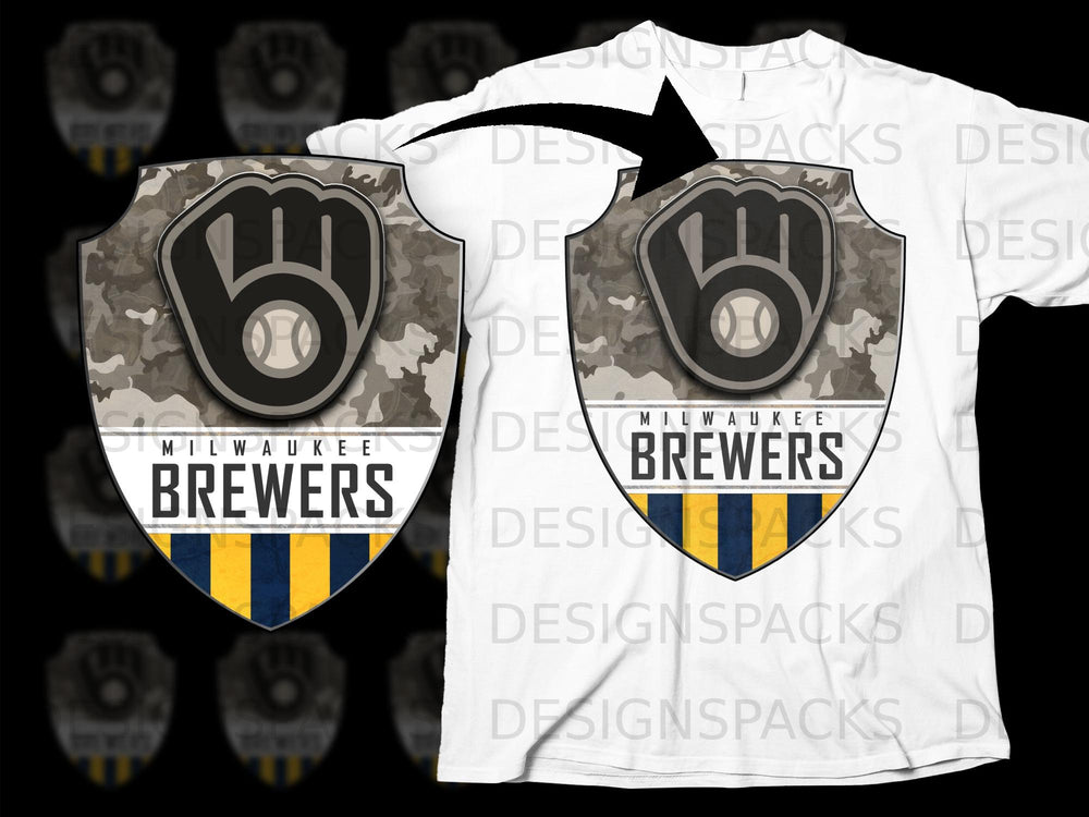 Milwaukee Brewers logo with camouflage background on a white t-shirt.