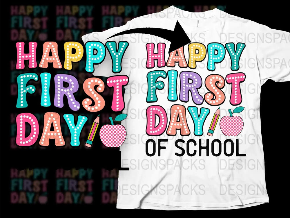 Happy First Day of School T-Shirt, Colorful Text, Polka Dots, Apple Design, Kids Teacher Outfit