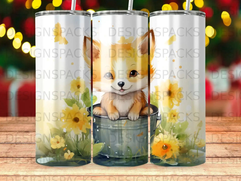 Cute fox in a bucket with sunflowers.