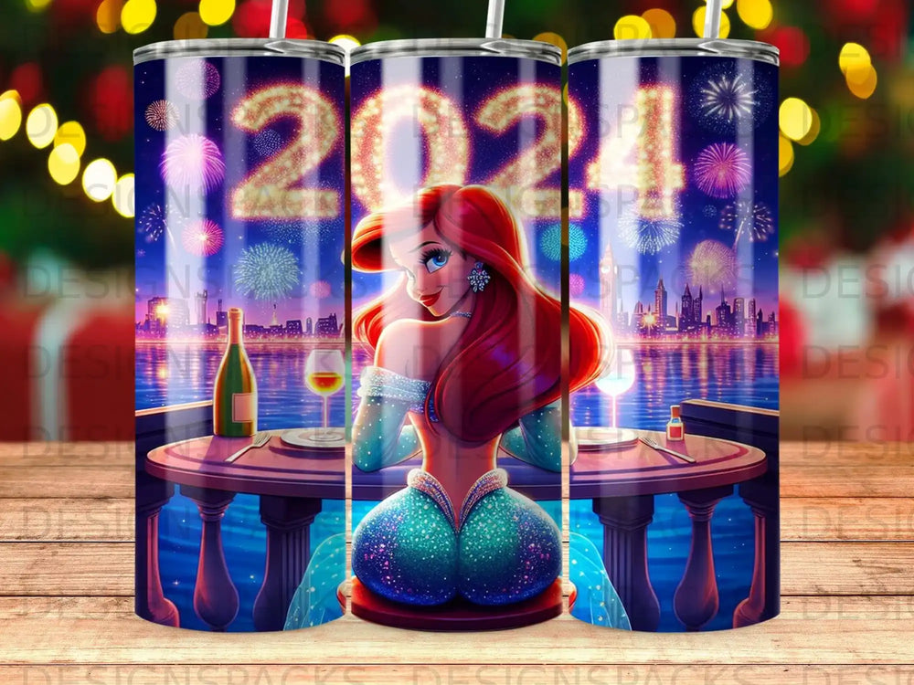 Ariel sits at a table with champagne, fireworks explode in the background.