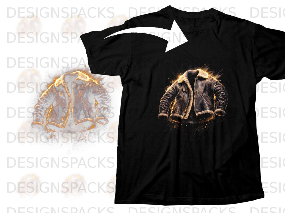 Black t-shirt with graphic of a distressed, fur-lined jacket with fiery accents.