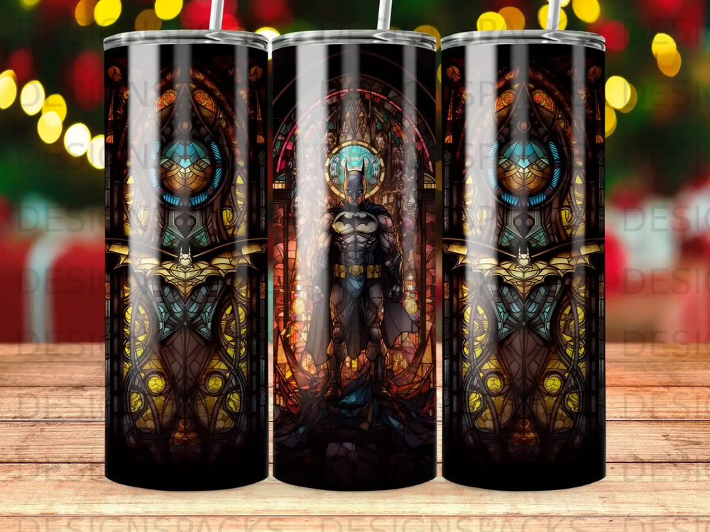 Batman in stained glass style on a tumbler with blurred festive lights.