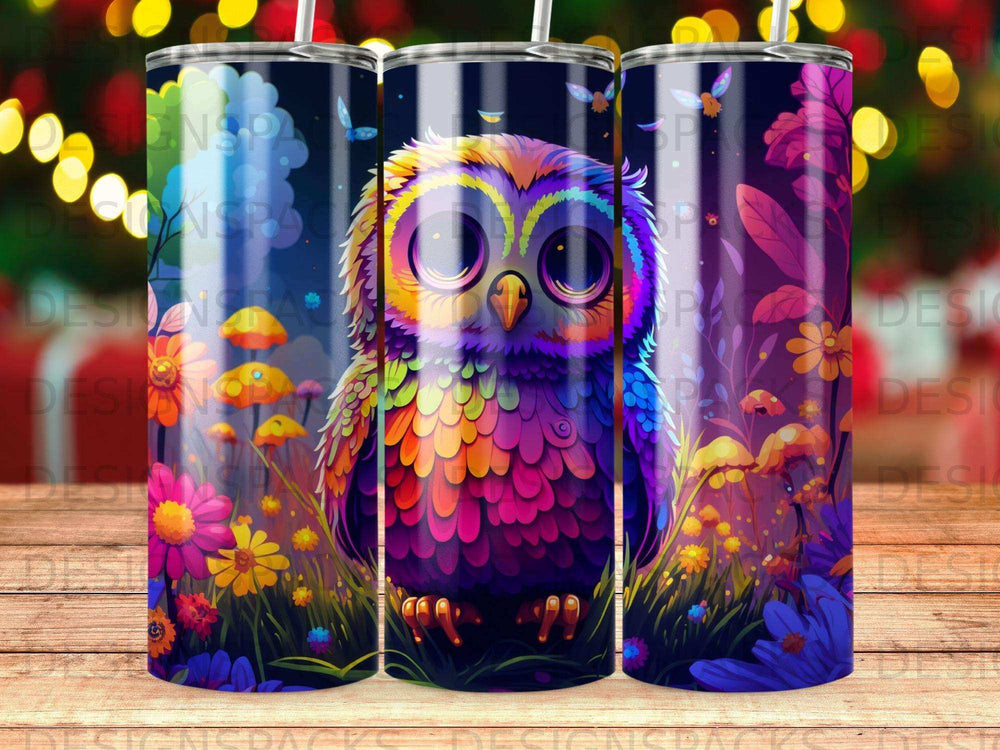 Colorful owl with flowers and mushrooms on a dark background tumbler.