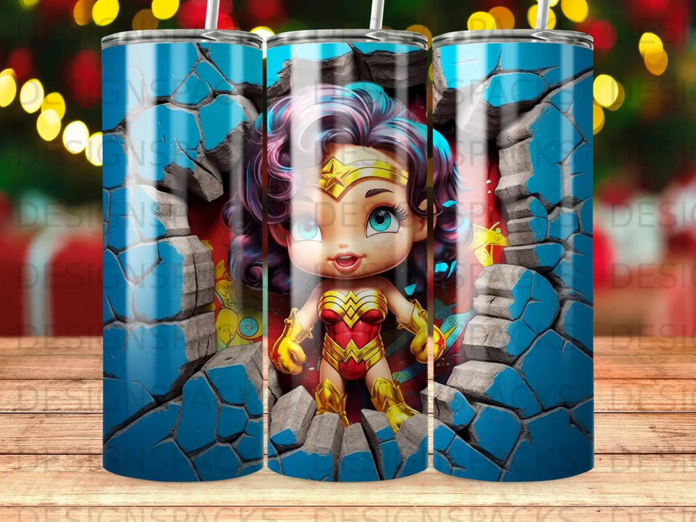Wonder Woman cartoon character emerging from cracked blue wall.