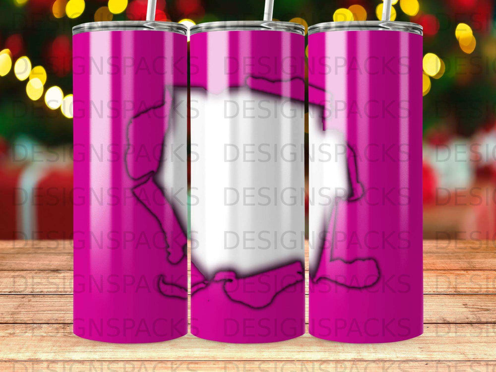 Pink tumbler with repeating "DESIGNSPACKS" text and white vertical band.