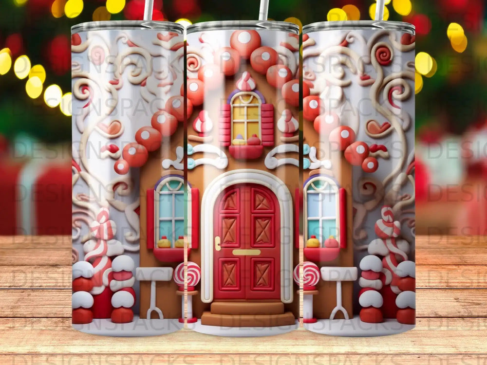 Gingerbread house with candy cane accents and festive lights.
