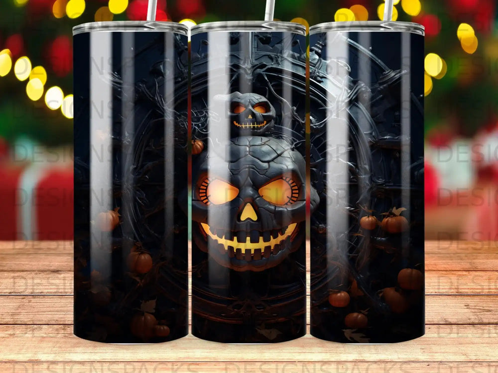 Black tumbler with carved pumpkin skull and decorative swirls.