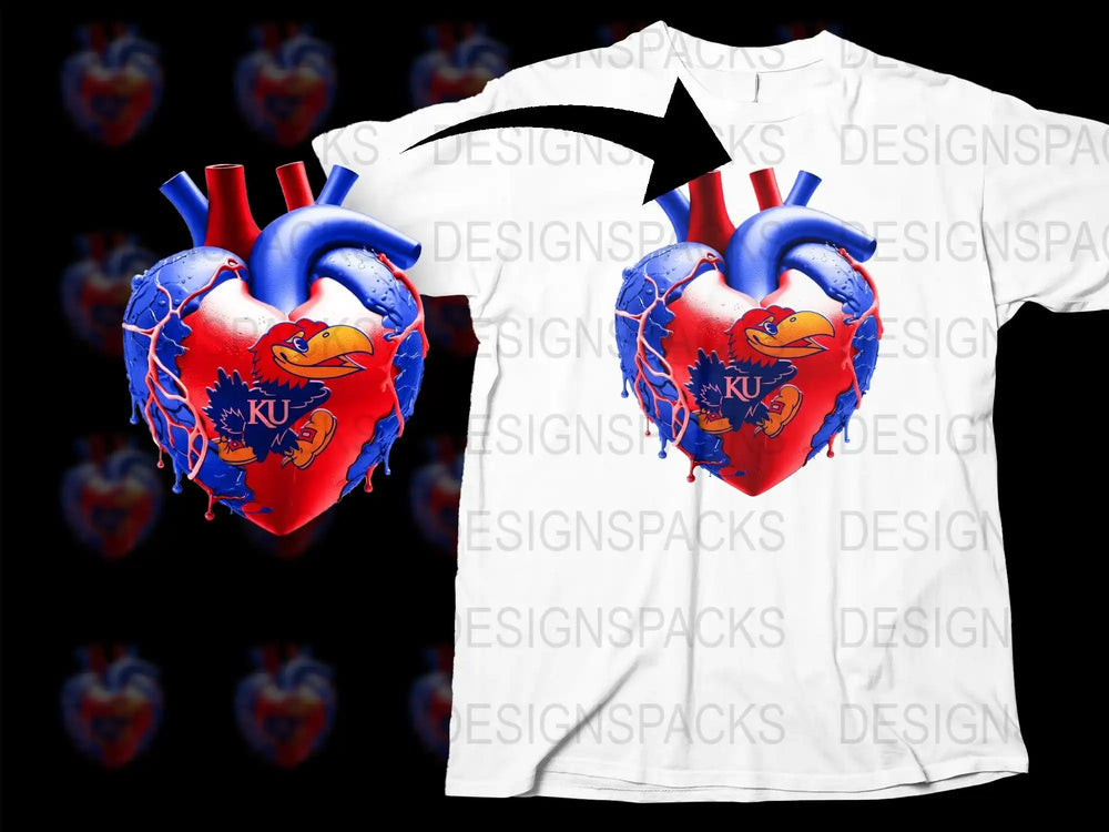 Kansas University Heart Design T-Shirt, KU Jayhawks Anatomical Heart Graphic Tee, College Sports Fan Apparel, Bold Red and Blue Colors