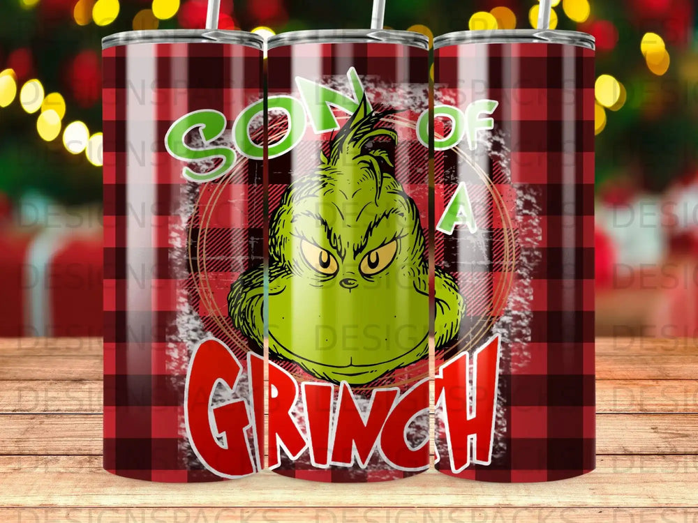 Grinch "Son of a Grinch" tumbler with plaid background.