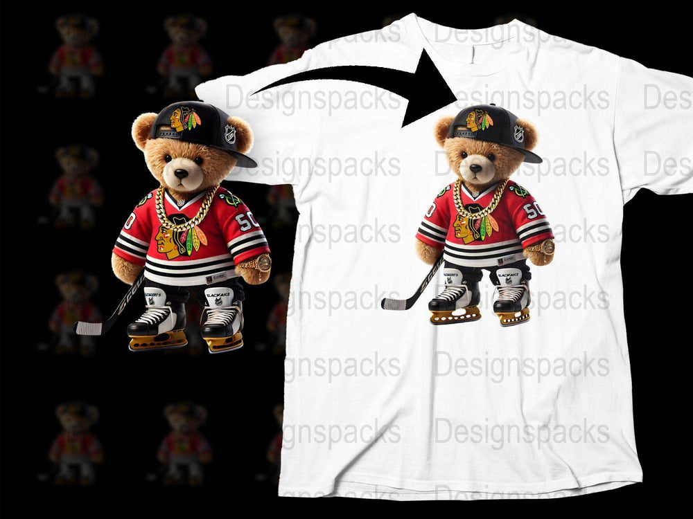 Chicago Hockey Teddy Bear Printed T-Shirt, Casual Sports Fan Apparel, Unisex Adult Clothing