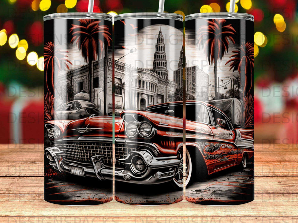 Vintage red car with palm trees and cityscape design on tumbler.