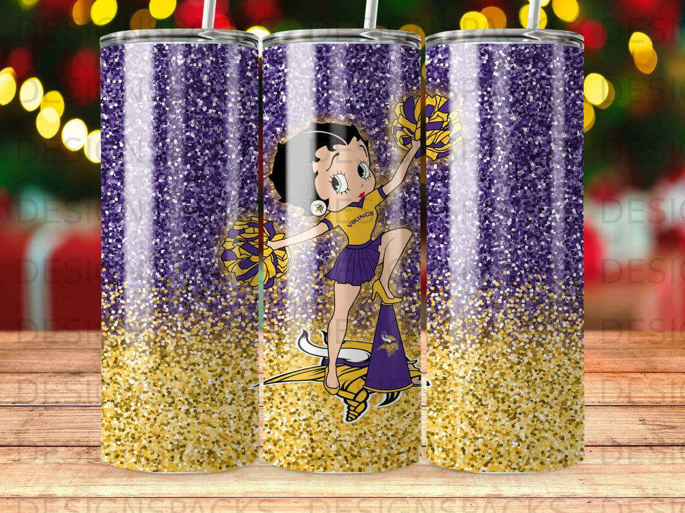 Betty Boop in Vikings cheerleading outfit with pom-poms and helmet.
