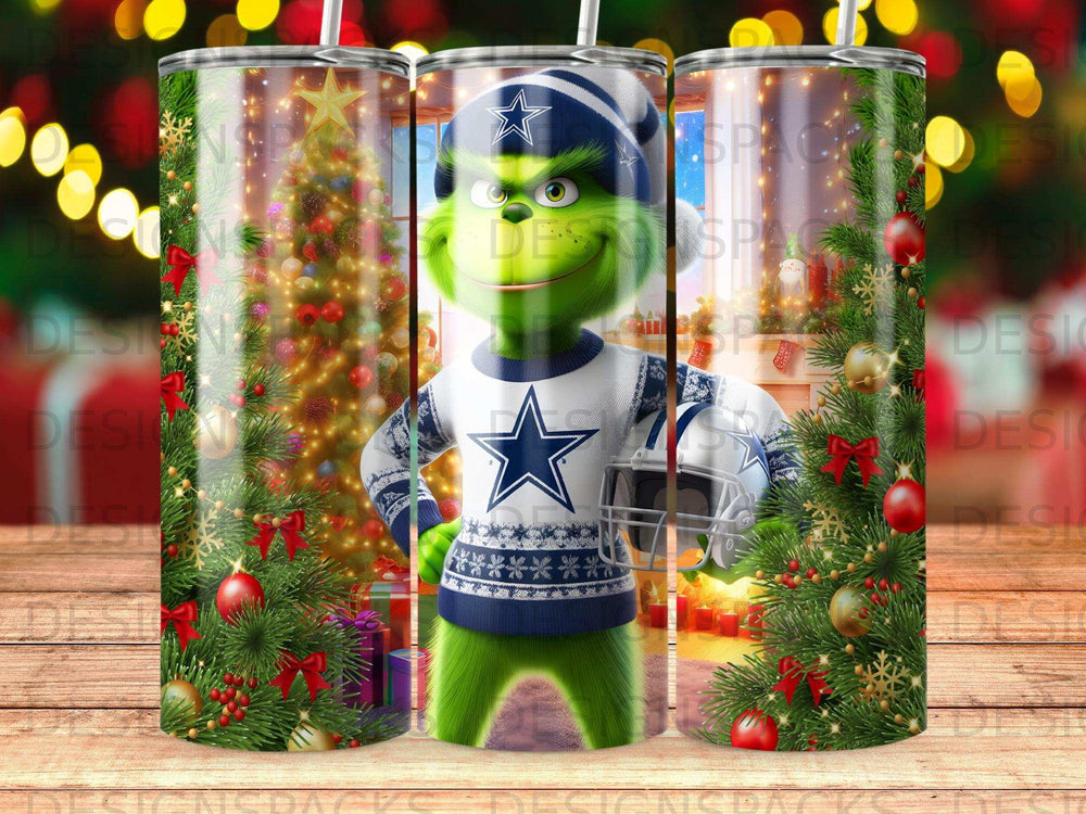 Grinch wearing Dallas Cowboys jersey and holding helmet with Christmas tree background.