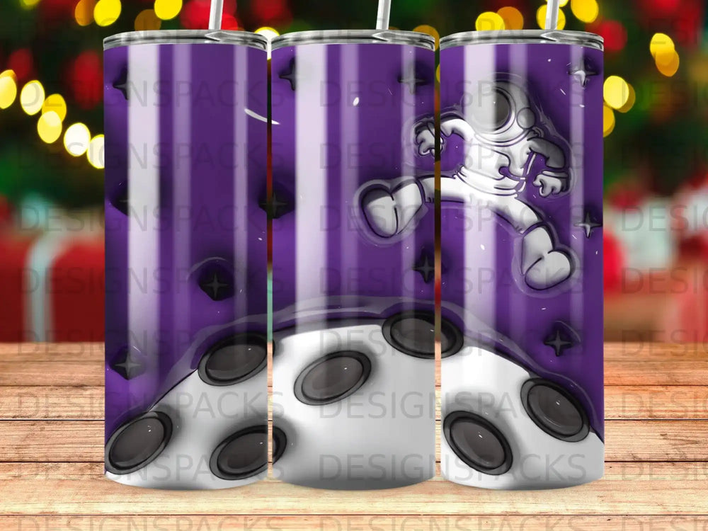 Astronaut floating over planet with purple starry background and repeating watermark.