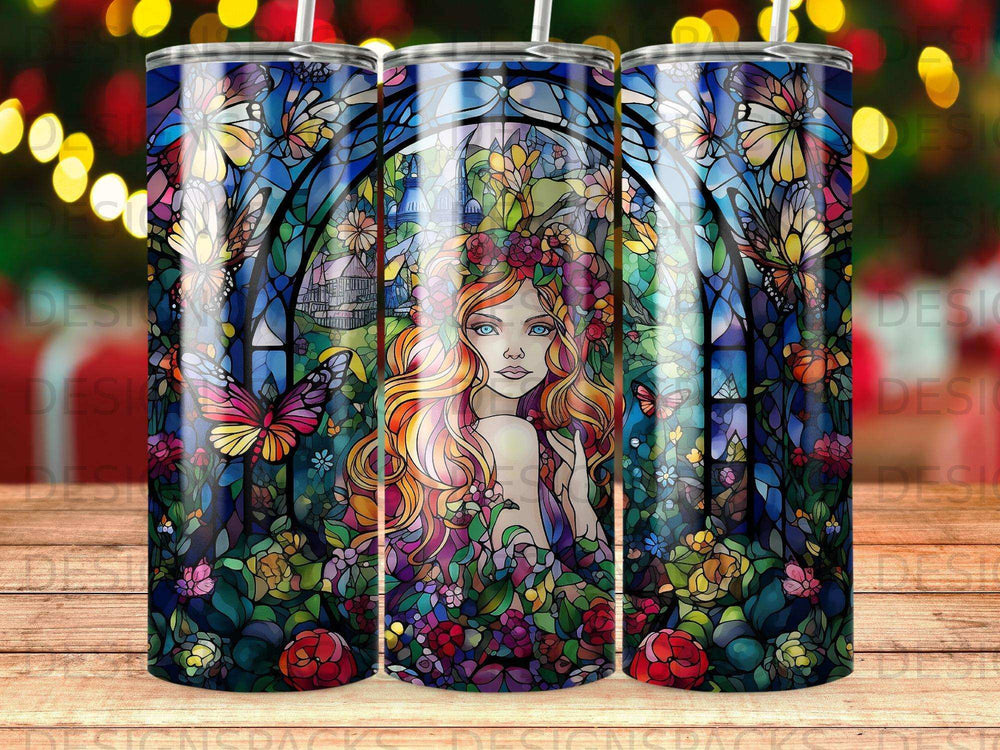 Stained glass design of a woman with colorful hair surrounded by flowers and butterflies.