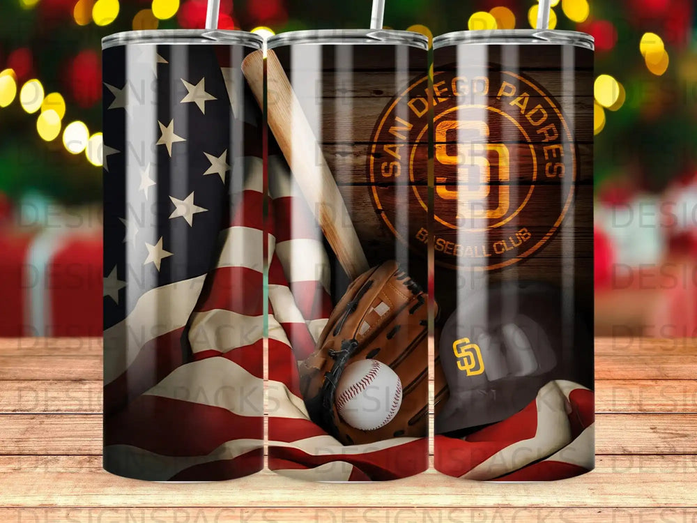 San Diego Padres baseball helmet and glove on American flag.