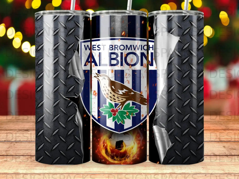 West Bromwich Albion logo on a distressed metal background with flames.