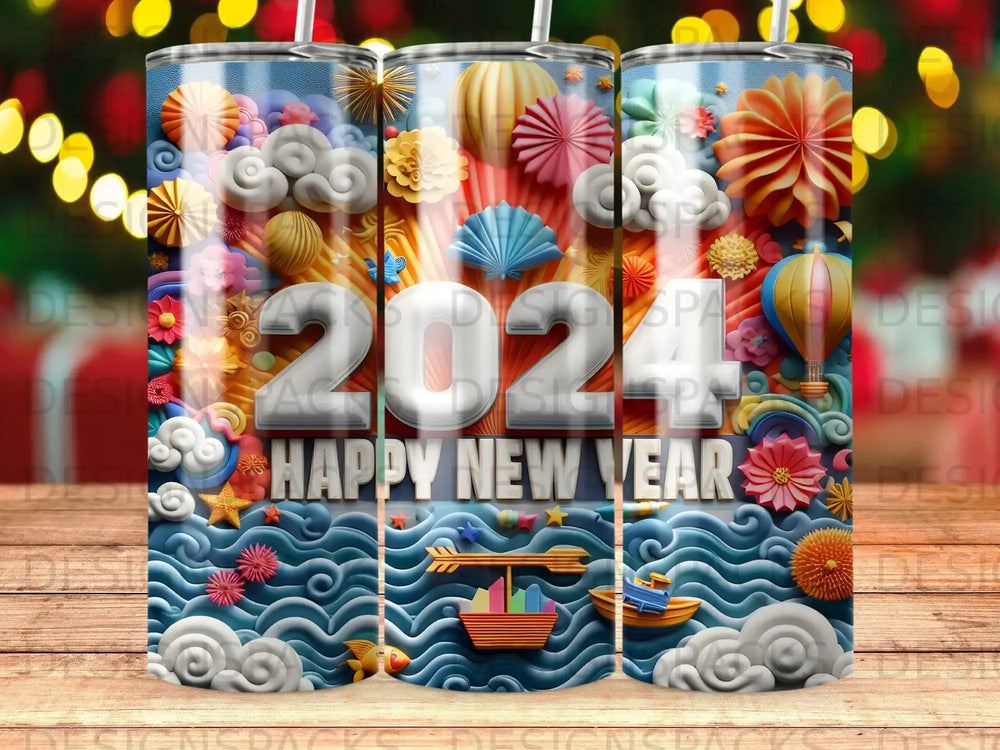 2024 Happy New Year tumbler with whimsical ocean and sky decorations.