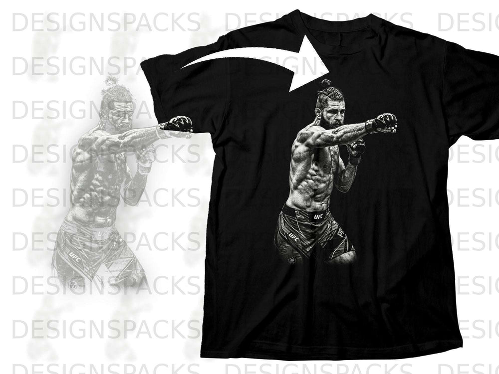 Black t-shirt with black and white graphic of a fighter in boxing stance.