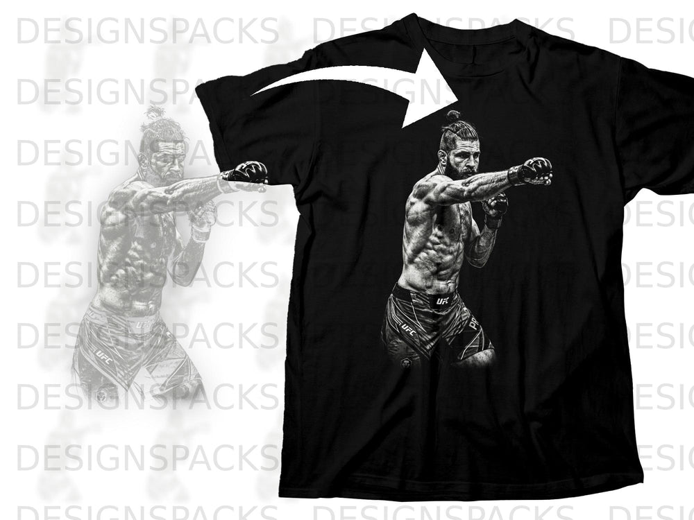 Black t-shirt with black and white graphic of a fighter in boxing stance.