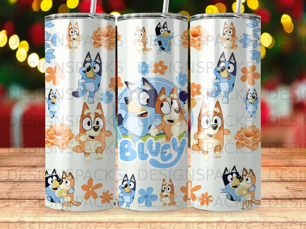 Bluey and Bingo characters on a tumbler with floral and paw print design.