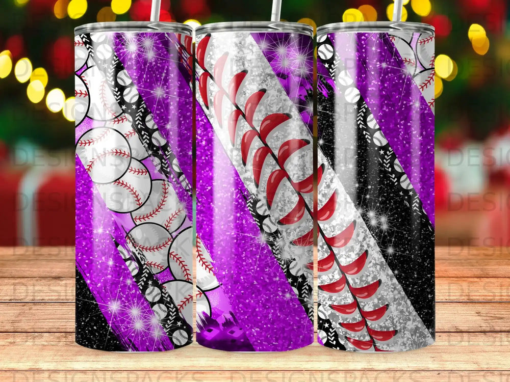 Purple, black, and white tumbler with baseball graphics and glitter.