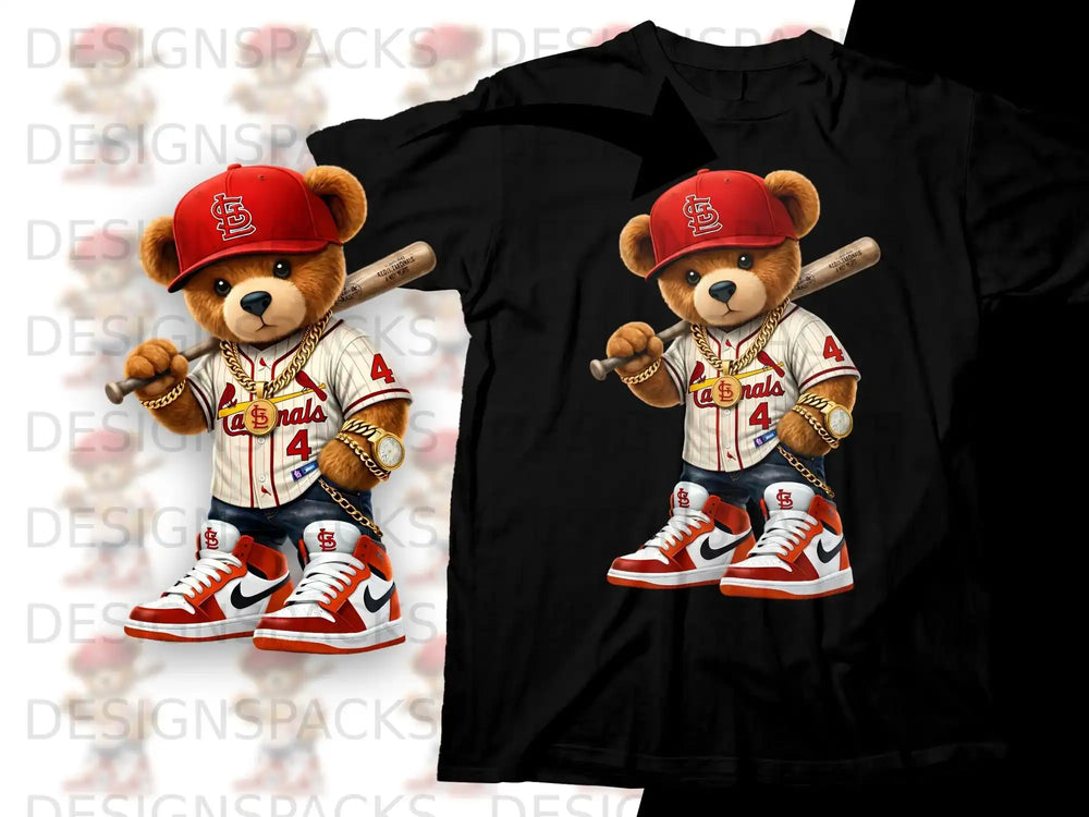 Bear in baseball cap and jewelry holding a bat, wearing a Cardinals shirt and sneakers.