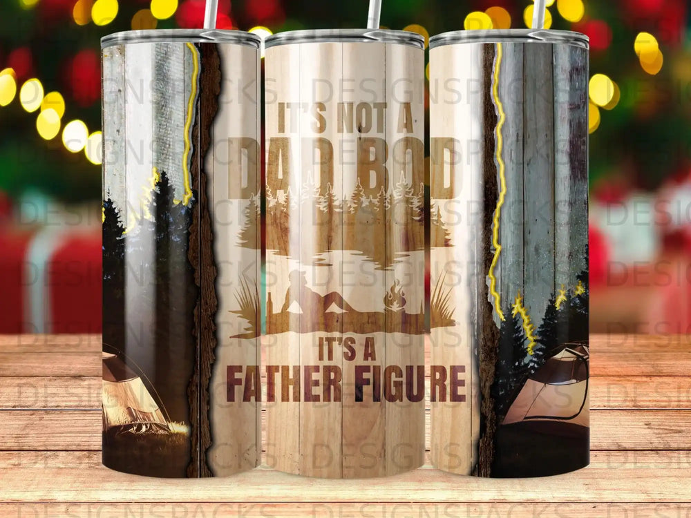 Tumbler with "It's Not A Dad Bod, It's A Father Figure" text and camping scene.